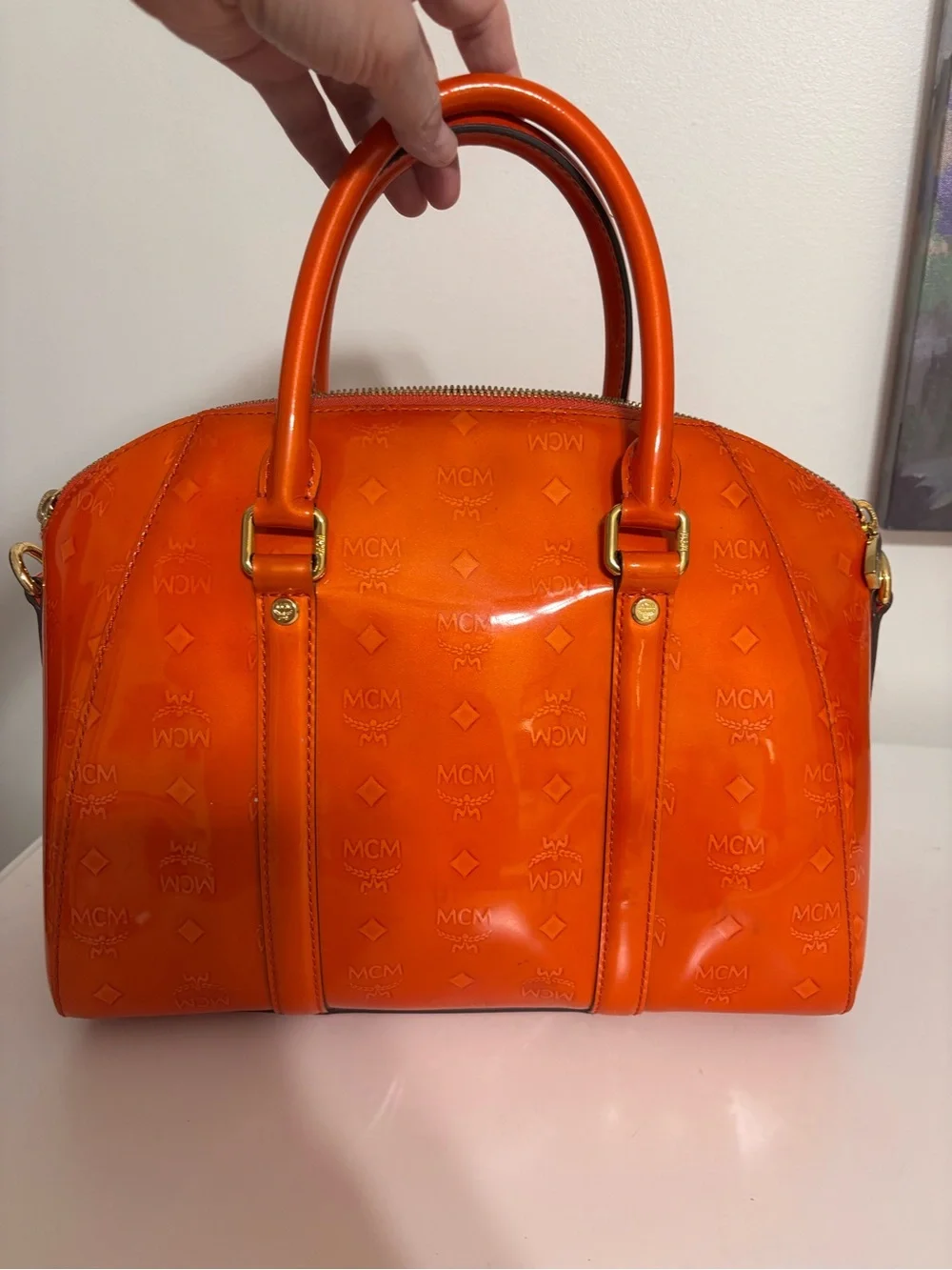 MCM Vintage Vernis Patent Leather Boston Bowling Bag – Vibrant Orange FALL BAG!!
